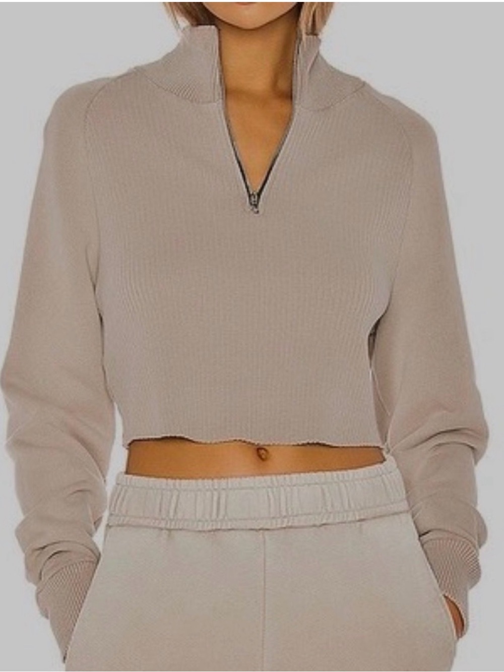 Cotton Citizen Beige Ribbed Cropped Half-Zip Top